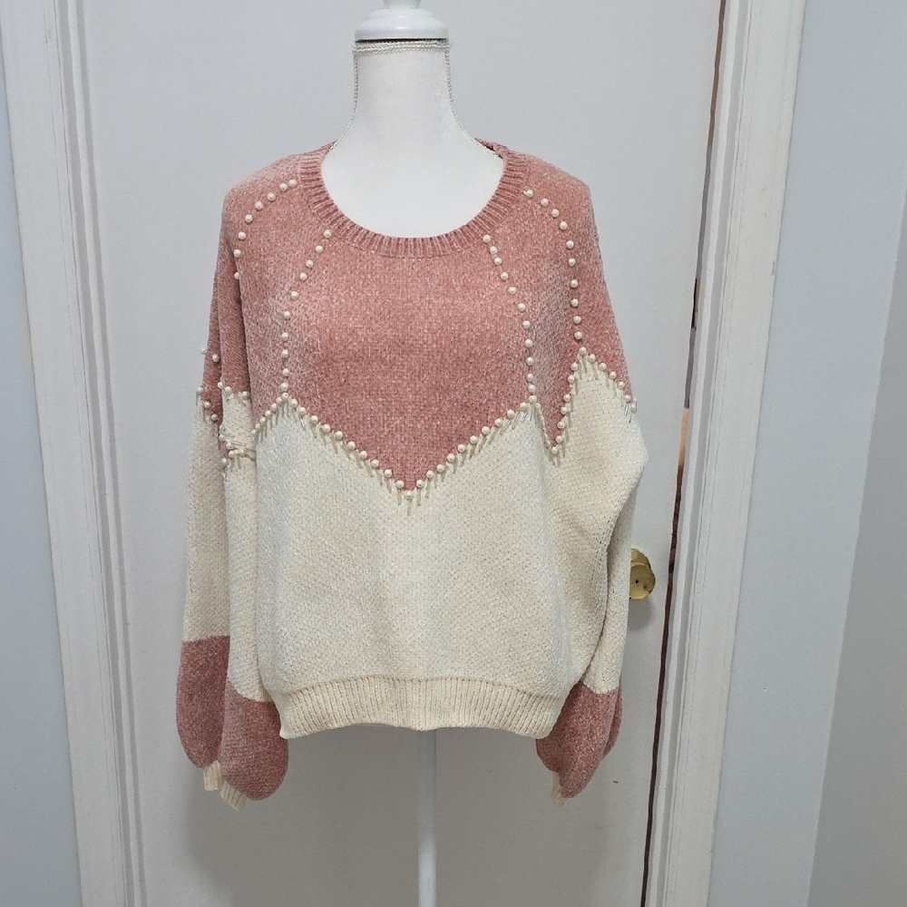 New POL Decked The Pearls Chenille Sweater Soft Pink Brand New
